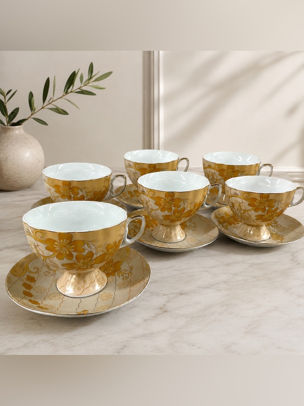 Yamasen Gold Collection Japan 24K Gold Plated Tea Cups & Saucers Set of 6